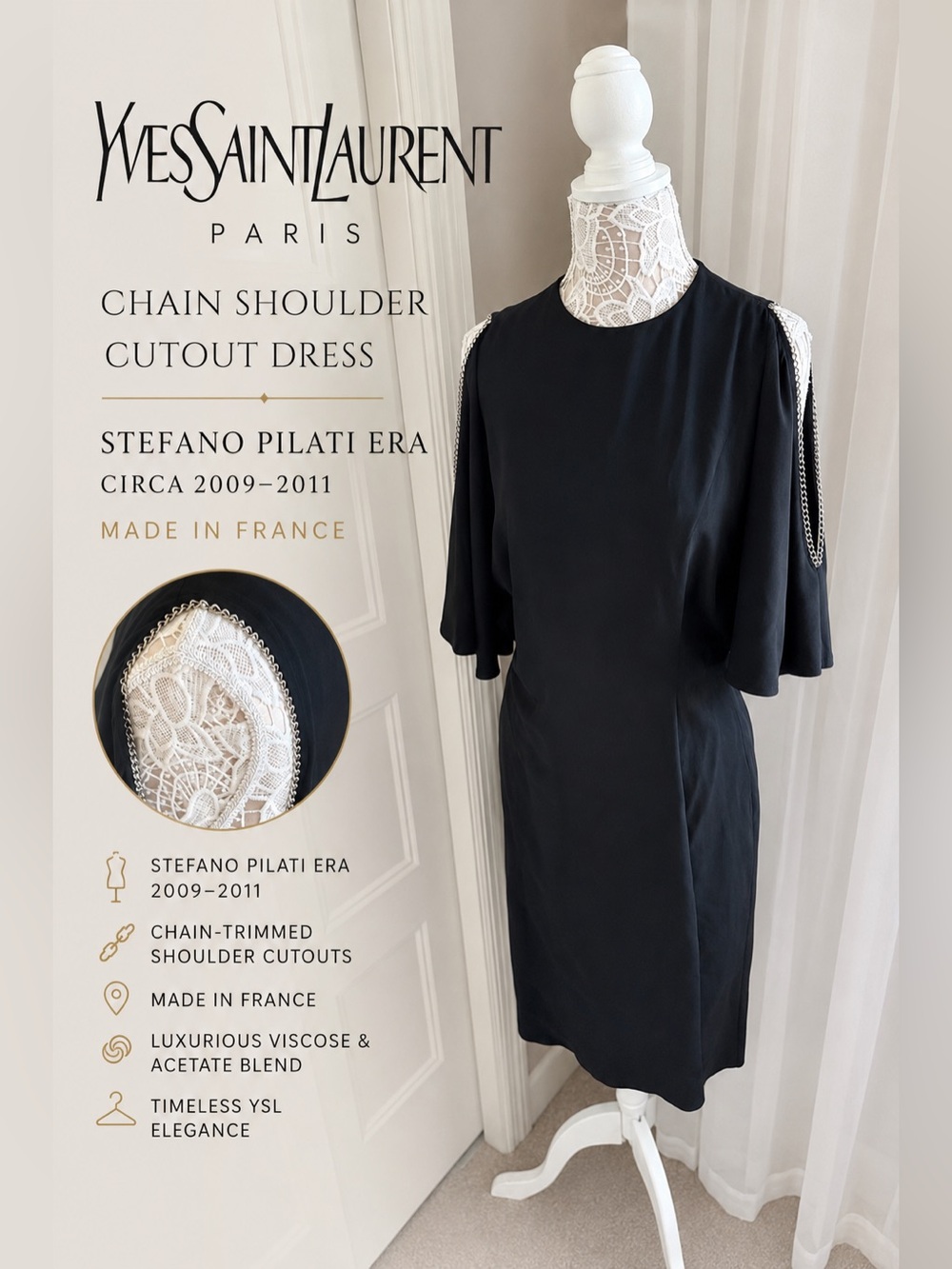 Yves Saint Laurent YSL Black Chain Shoulder Cutout Dress FR42 Stefano Pilati Era